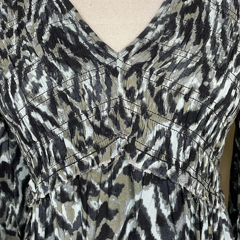 BEACHLUNCHLOUNGE Mini Dress Blue & Olive Smocking Empire Waist Ruffle Boho XS - Picture 5 of 12